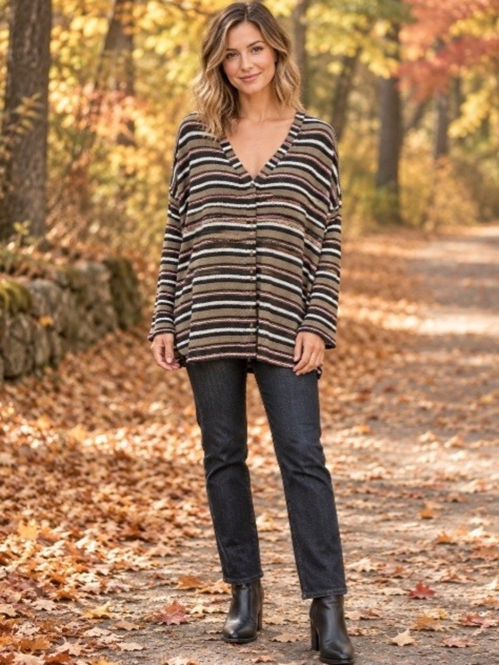 Urban Outfitters Striped V-Neck Cardigan Sweater — Brown, Black, Cream, Pink